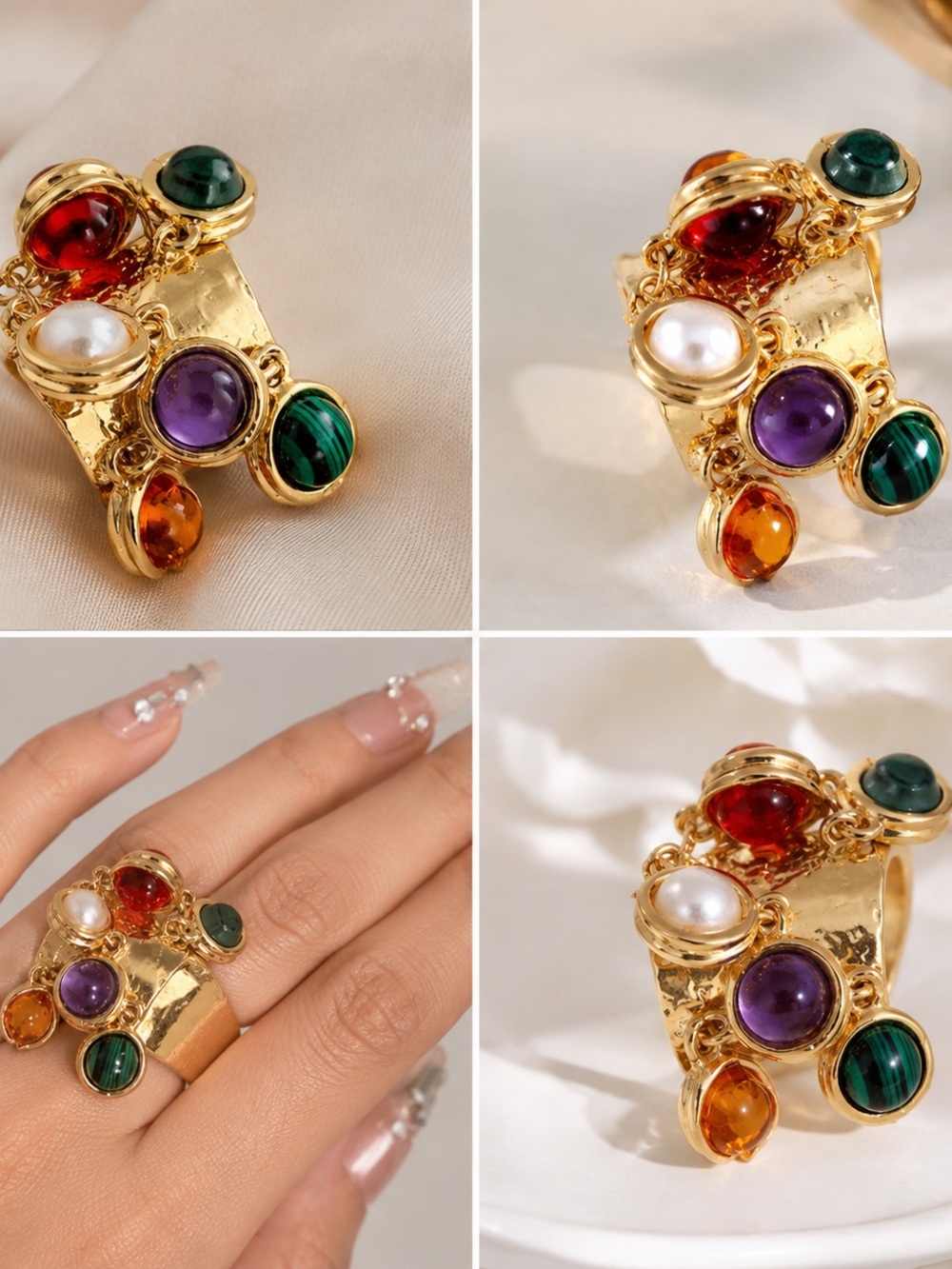 Vintage Adjustable Gemstone Statement Ring | Gold Tone Boho Chic